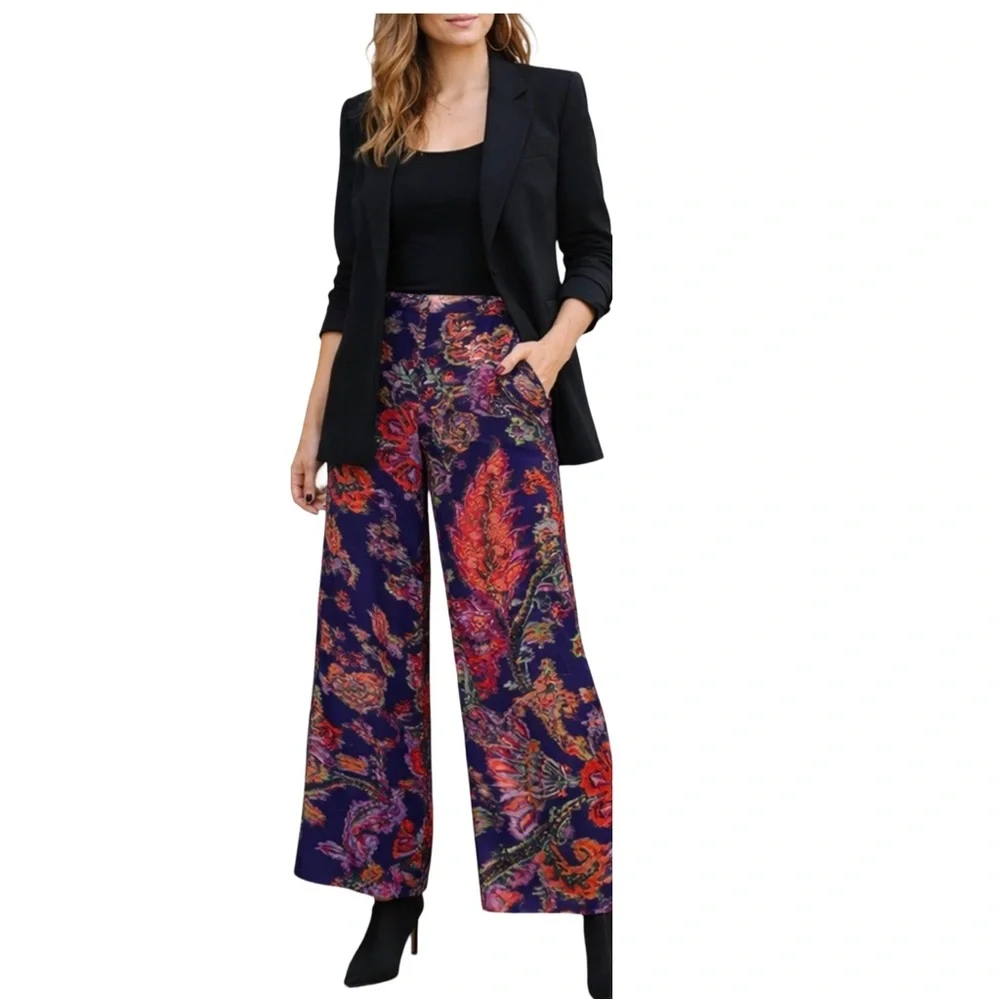 H&M Statement Wide Leg Pants Floral Paisley Print Size 8 - Picture 3 of 8